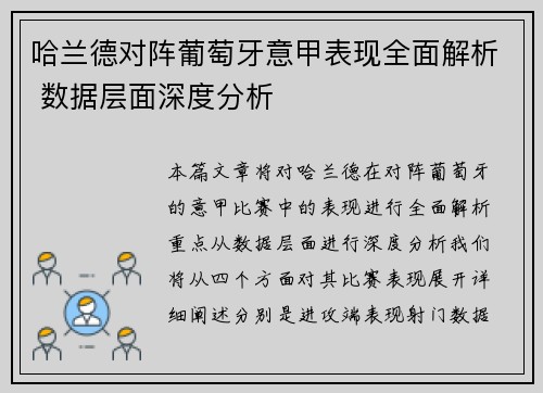 哈兰德对阵葡萄牙意甲表现全面解析 数据层面深度分析