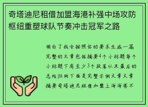 奇塔迪尼租借加盟海港补强中场攻防枢纽重塑球队节奏冲击冠军之路 奇塔迪尼租借加盟海港补强中场攻防枢纽重塑球队节奏冲击冠军之路