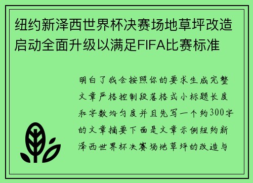 纽约新泽西世界杯决赛场地草坪改造启动全面升级以满足FIFA比赛标准 纽约新泽西世界杯决赛场地草坪改造启动全面升级以满足FIFA比赛标准